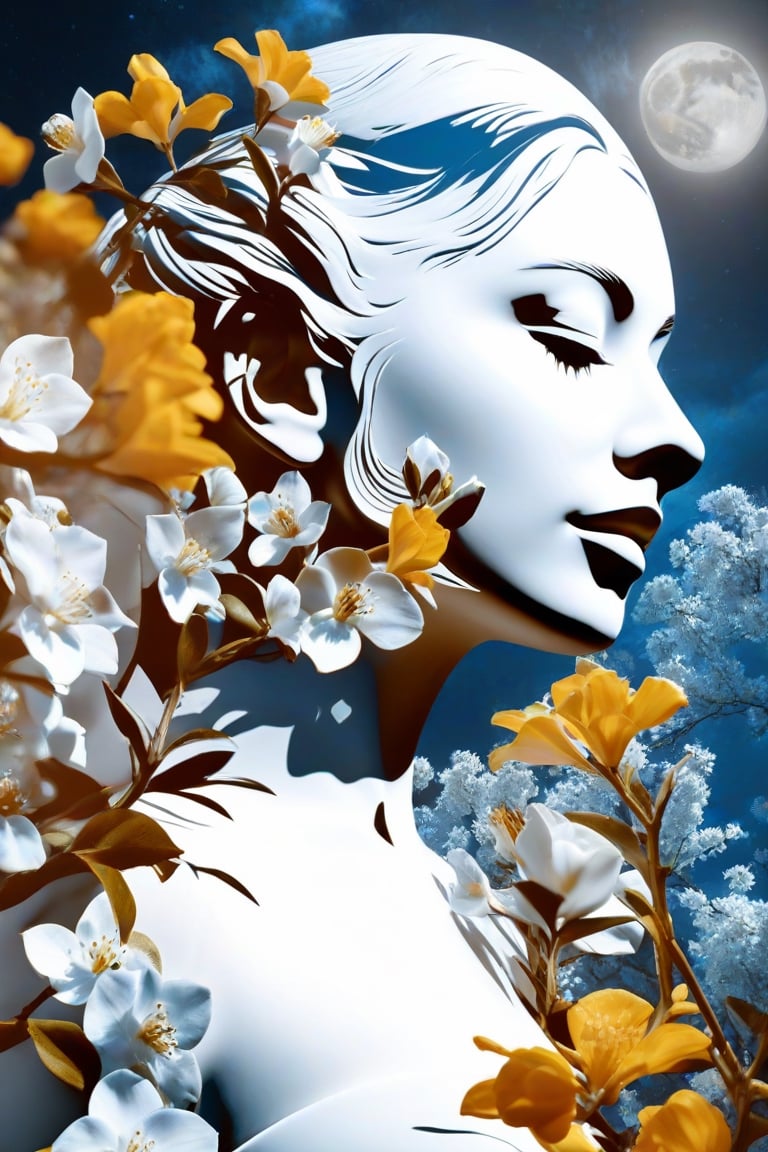 create a UHD image,

(masterpiece,

best quality: 1.4),

double photographic exposure between the perfect profile of a woman,

inside the face branches of flowers perfectly integrated and transparent in the shape of the face, neck and head, nothing should exceed these limits moon,

representations,

dark sky blue and white,

portrait illustrations with hidden meaning,

black and white still,

digital art,

perfect composition,

beautiful, detailed, intricate and incredibly detailed octane rendering that is trending on artstation,

8k art photography,

photorealistic conceptual art,

soft natural volumetric cinematic perfect light,

chiaroscuro,

award-winning photography,

masterpiece,

oil on canvas,

Raphael,

caravaggio,

greg rutkowski,

whistle,

beksinski,

giger