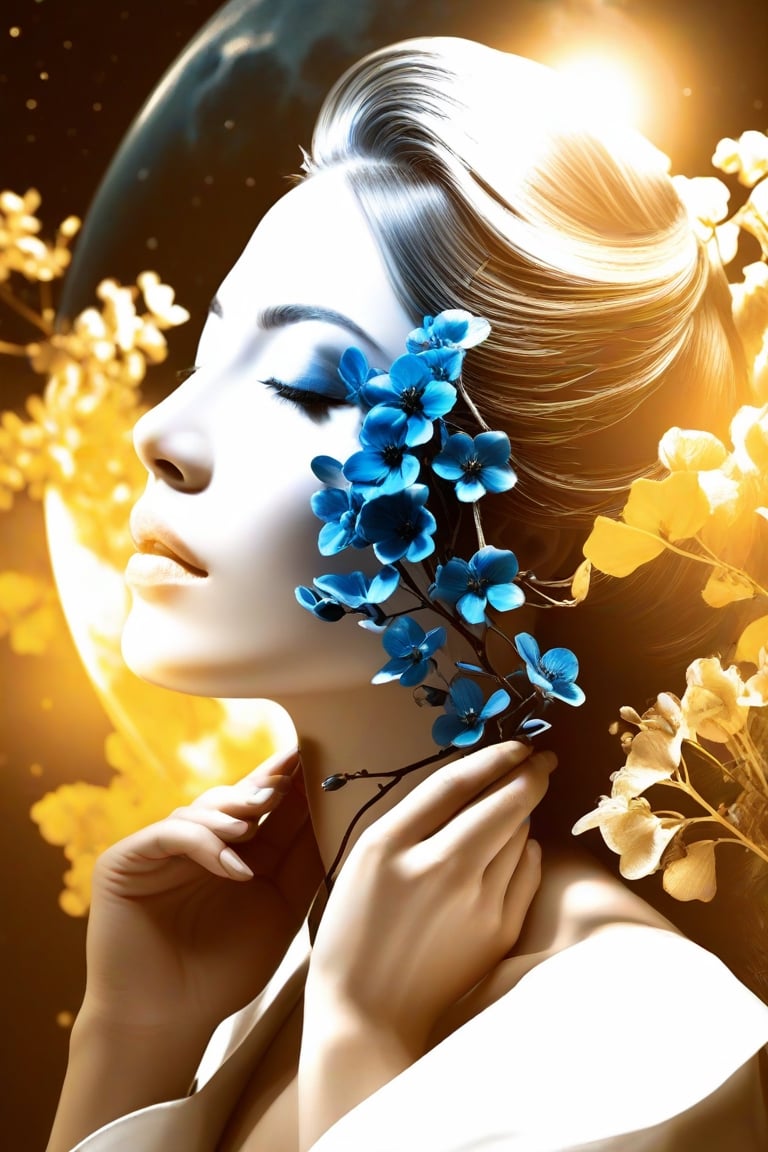 create a UHD image,

(masterpiece,

best quality: 1.4),

double photographic exposure between the perfect profile of a woman,

inside the face branches of flowers perfectly integrated and transparent in the shape of the face, neck and head, nothing should exceed these limits moon,

representations,

dark sky blue and white,

portrait illustrations with hidden meaning,

black and white still,

digital art,

perfect composition,

beautiful, detailed, intricate and incredibly detailed octane rendering that is trending on artstation,

8k art photography,

photorealistic conceptual art,

soft natural volumetric cinematic perfect light,

chiaroscuro,

award-winning photography,

masterpiece,

oil on canvas,

Raphael,

caravaggio,

greg rutkowski,

whistle,

beksinski,

giger