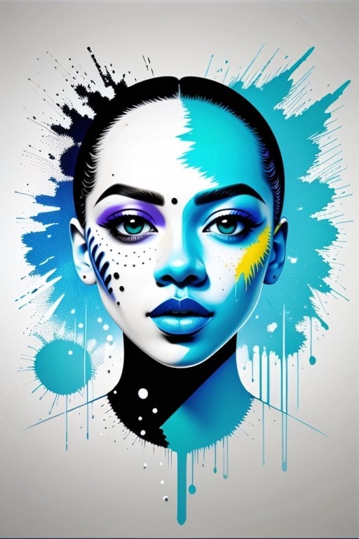 Futuristic paint splatter,girl face,front view,very beautiful,dreamy,Basquiat inspired look,creamy white,sky blue,green colors,design,high end designer look,vector,high resolution,8k,Illustration,Masterpiece,<lora:659111690174031528:1.0>