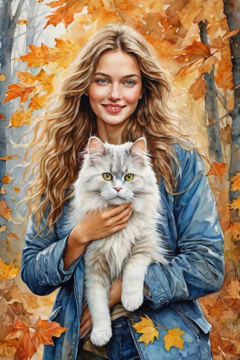 watercolor art,

Albrecht Dürer,

a happy, smiling, beautiful young woman with light skin and brown hair,

light blue eyes with jacket, autumn wind, leaves flying,

a cute fluffy Himalayan cat puppy in his arms,

in a fantasy autumn forest. Magic. Very detailed ultra artistic, lots of watercolor splashing the autumn landscape,

bright, detailed watercolor painting,

Very detailed,

intricate,

intricate pose,

clarity,

high quality,

Watercolor, thick strokes,

variety of pastel colors,

trend in artstation,

sharp focus, very detailed,

Photo studio,

intricate details,

Very detailed,

by greg rutkowski,

his best watercolor painting,

Albrecht Dürer, William Blake,

8k