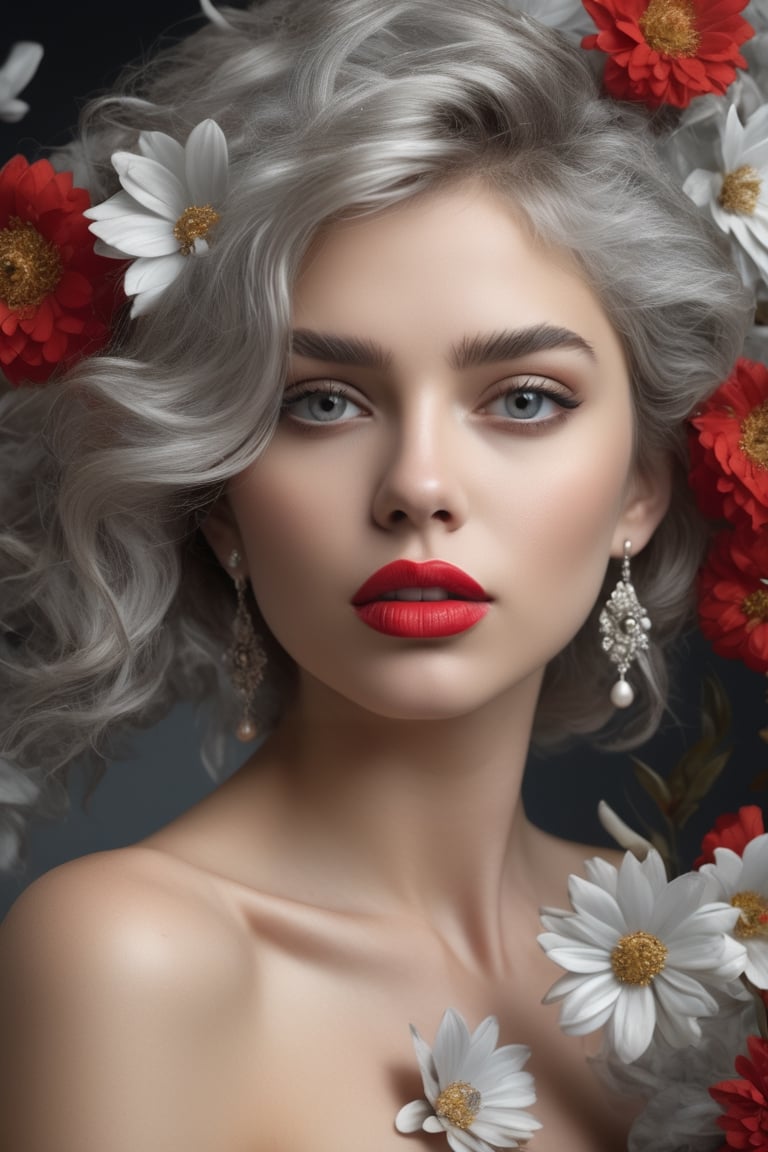 portrait, young, stunning, beautiful, girl, soft red lips, amazing and beautiful eyes, porsa skin, silver ash messy hair, "background of many real 3D flowers", fine jewelry, artstation trend, sharp focus, photography studio, intricate details, highly detailed, by greg rutkowski, focus, dense smoke, highlighting his face, spotlight, photorealism, 4k