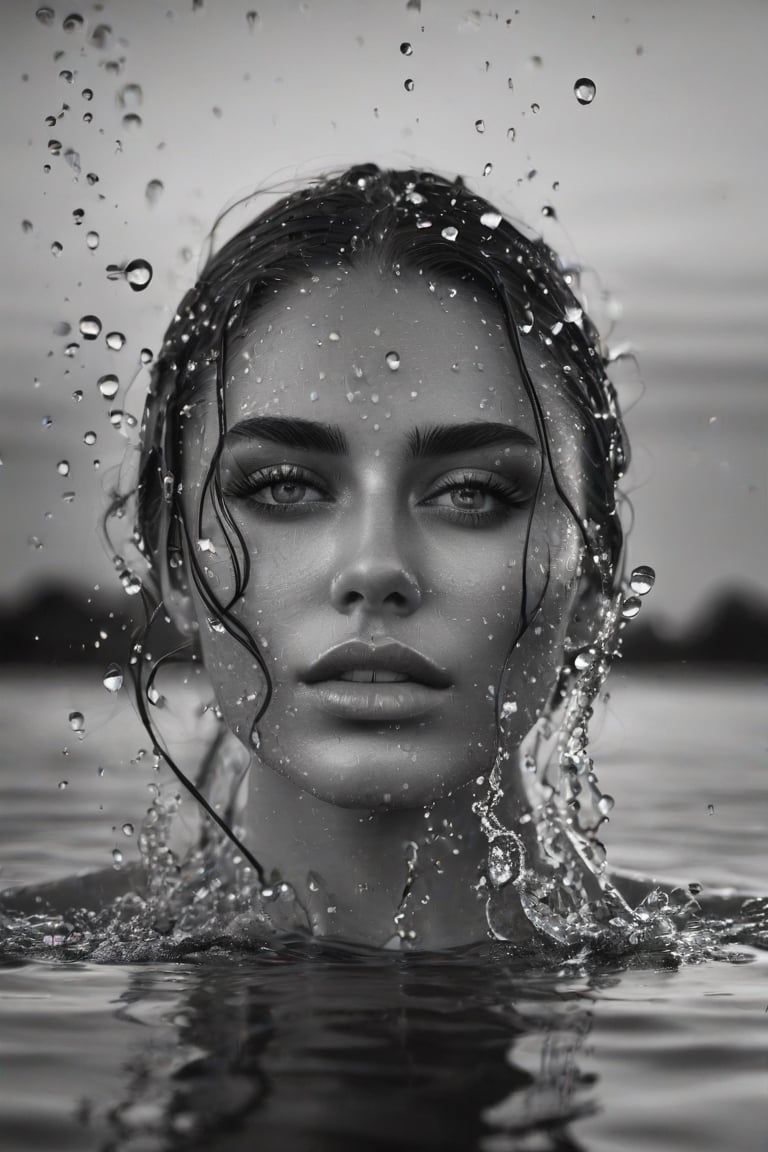 A black and white photograph of a very pretty young woman, with a very pretty face,

very feminine body,

 body in the water,

black and white photography concept,

high resolution,

an engraving,

inspired by Constant Permeke,

covered in water drops,

drops on his face,

porosity in the skin,

hyperrealistic,

splashes in water,

raindrops,

there is space around the figure,

dawn mcteigue,

detailed image,

photorealistic, focus,

details, sunset reflections,

Reflections in the water,

a beauty in black and white,