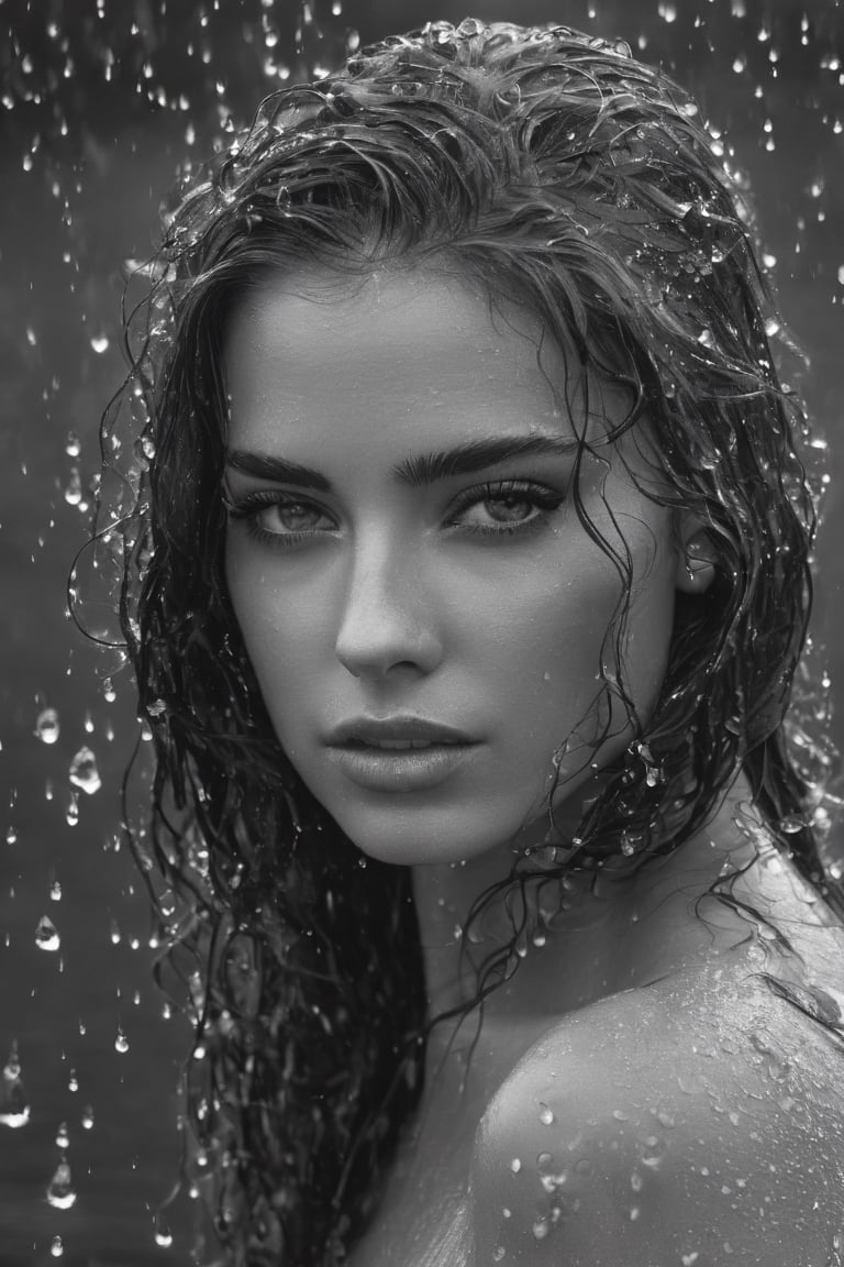 A black and white photograph of a very pretty young woman, with a very pretty face,

very feminine body,

 body in the water,

black and white photography concept,

high resolution,

an engraving,

inspired by Constant Permeke,

covered in water drops,

drops on his face,

porosity in the skin,

hyperrealistic,

splashes in water,

raindrops,

there is space around the figure,

dawn mcteigue,

detailed image,

photorealistic, focus,

details, sunset reflections,

Reflections in the water,

a beauty in black and white,