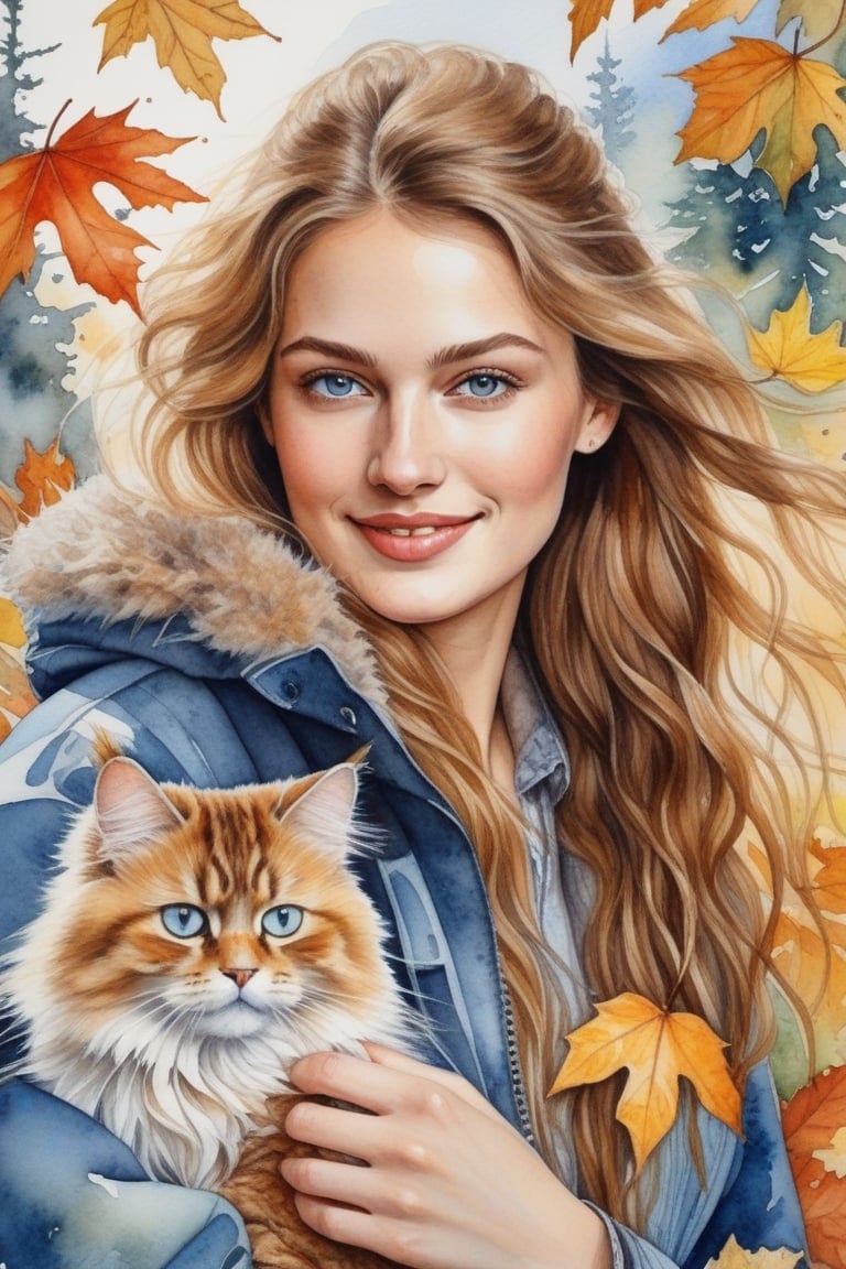 watercolor art,

Albrecht Dürer,

a happy, smiling, beautiful young woman with light skin and brown hair,

light blue eyes with jacket, autumn wind, leaves flying,

a cute fluffy Himalayan cat puppy in his arms,

in a fantasy autumn forest. Magic. Very detailed ultra artistic, lots of watercolor splashing the autumn landscape,

bright, detailed watercolor painting,

Very detailed,

intricate,

intricate pose,

clarity,

high quality,

Watercolor, thick strokes,

variety of pastel colors,

trend in artstation,

sharp focus, very detailed,

Photo studio,

intricate details,

Very detailed,

by greg rutkowski,

his best watercolor painting,

Albrecht Dürer, William Blake,

8k