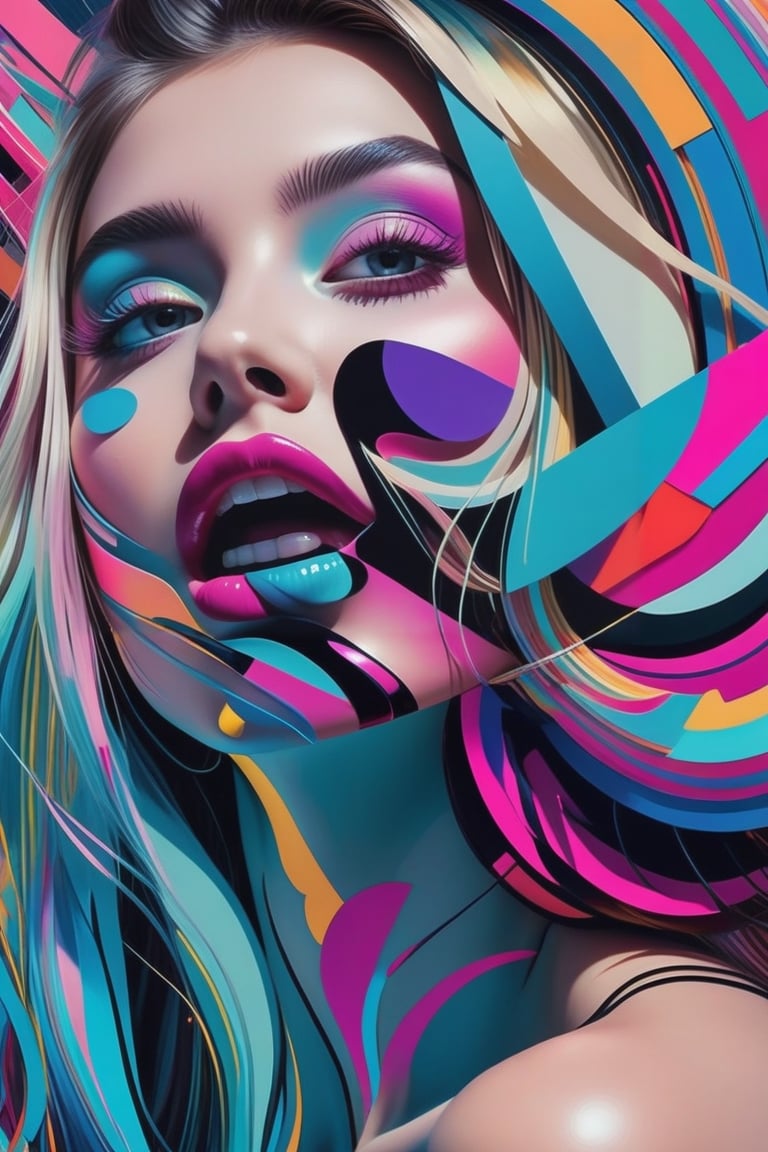 Create a work of beautiful young face, noisy and glitchy art that focuses on the interplay between distortion and caricature, embodying the chaotic and abrasive style of Breakcore. It incorporates pop tones and bold lines to build a surreal and disorienting, feminine, mysterious piece. lots of color, fine lines, details, surreal beauty, 4k