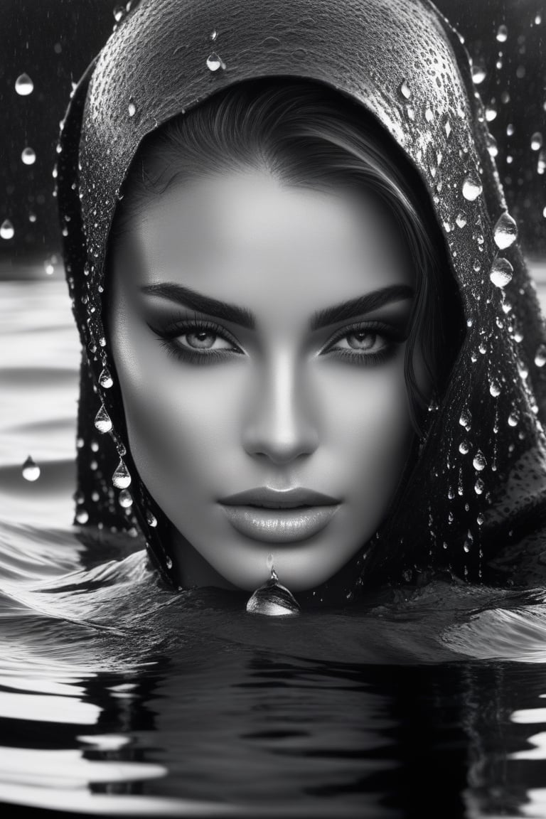 A black and white photograph of a very beautiful young woman, very beautiful face,

very feminine body,

half body in the water,

black and white photography concept,

high resolution,

an engraving,

inspired by Constant Permeke,

covered in water drops,

splashes in water,

rain, drops,

there is space around the figure,

dawn mcteigue,

detailed image,

photorealistic, focus,

details, sunset reflections,

Reflections in the water,

a beauty in black and white,