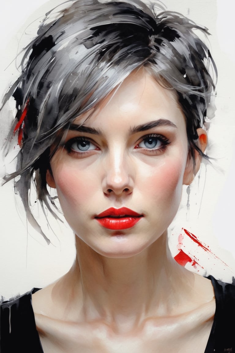 Figurative portrait of a beautiful, creepy girl with short gray hair. Milky gray eyes. Soft red lips. Black cover. Very sensual and attractive face, white background. Dramatic brushstrokes,

muted colors of cold tones,

Light and movement in impressionist style. Paint streaks. By Carne Griffiths,

russian mills,

Mark Deamstader,

Andrés lies,

wadim kashin,

degas,

monet. Very sensual expression. Impressionist emotional portrait. uhd