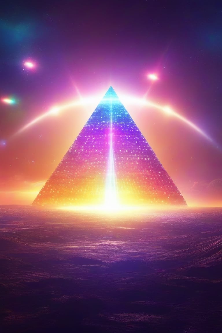 Diamond pyramid with dots shooting lights, like rays of light, rainbow colors, towards the sky, cosmic, planets and aliens, surreal sci-fi movie, 4k