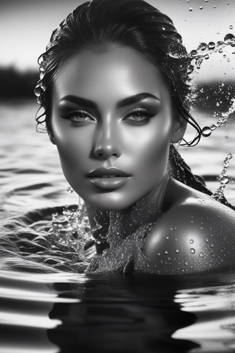 A black and white photograph of a very beautiful young woman, with a very beautiful face,

very feminine body,

 body in the water,

black and white photography concept,

high resolution,

an engraving,

inspired by Constant Permeke,

covered in water drops,

splashes in water,

raindrops,

there is space around the figure,

dawn mcteigue,

detailed image,

photorealistic, focus,

details, sunset reflections,

Reflections in the water,

a beauty in black and white,