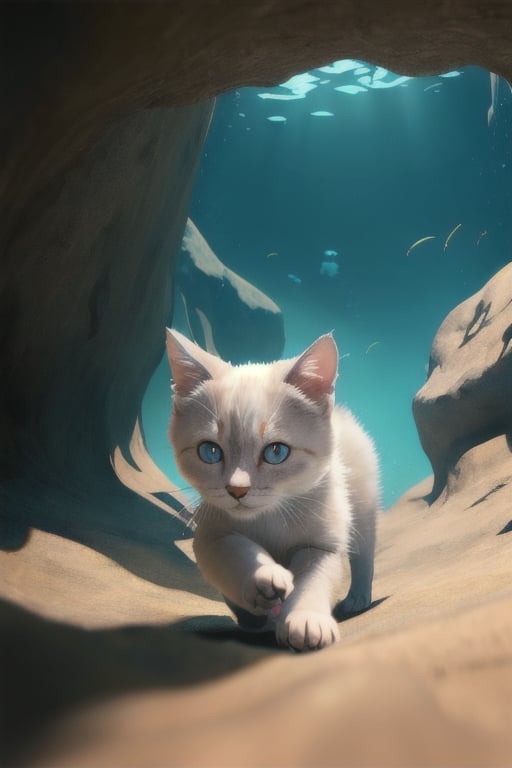 a beautiful, beautiful, fluffy, puppy cat, walking in an underwater cave, Godot engine rendering, 8k, cinematic light, hyper-realistic.
