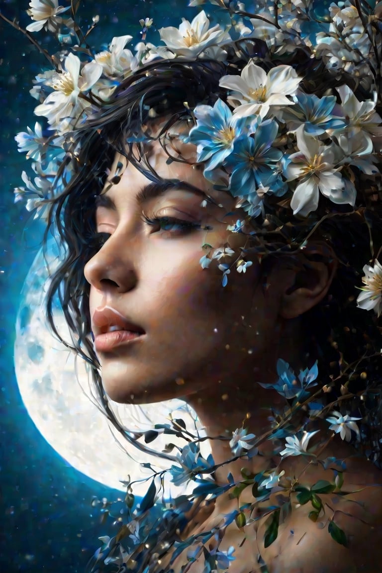 create a UHD image,

(masterpiece,

best quality: 1.4),

double photographic exposure between the perfect profile of a woman,

inside the face branches of flowers perfectly integrated and transparent in the shape of the face, neck and head, nothing should exceed these limits moon,

representations,

dark sky blue and white,

portrait illustrations with hidden meaning,

black and white still,

digital art,

perfect composition,

beautiful, detailed, intricate and incredibly detailed octane rendering that is trending on artstation,

8k art photography,

photorealistic conceptual art,

soft natural volumetric cinematic perfect light,

chiaroscuro,

award-winning photography,

masterpiece,

oil on canvas,

Raphael,

caravaggio,

greg rutkowski,

whistle,

beksinski,

giger