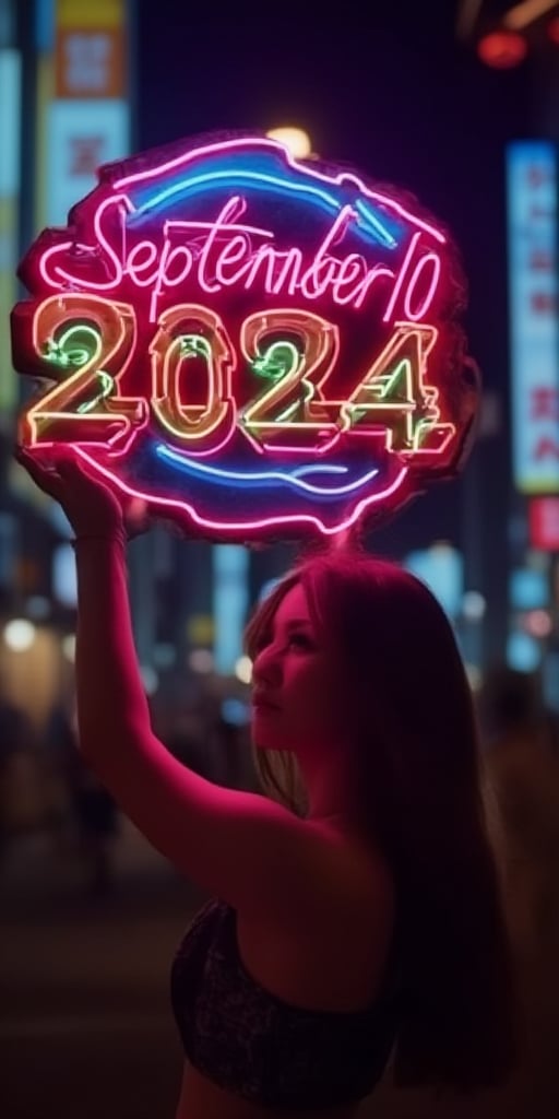 A vibrant image of a woman holding a neon sign that reads "September 10, 2024" in flashing rainbow-colored neon lights.    The scene is set during a busy night in Tokyo, with the logo casting a bright, contrasting light.    The woman struck a sexy pose, her silhouette clearly visible against the glowing logo.    The composition focuses on the interplay of light and shadow against a busy backdrop, highlighting the electric glow of neon lights against the night backdrop.hirose,kmary,julia