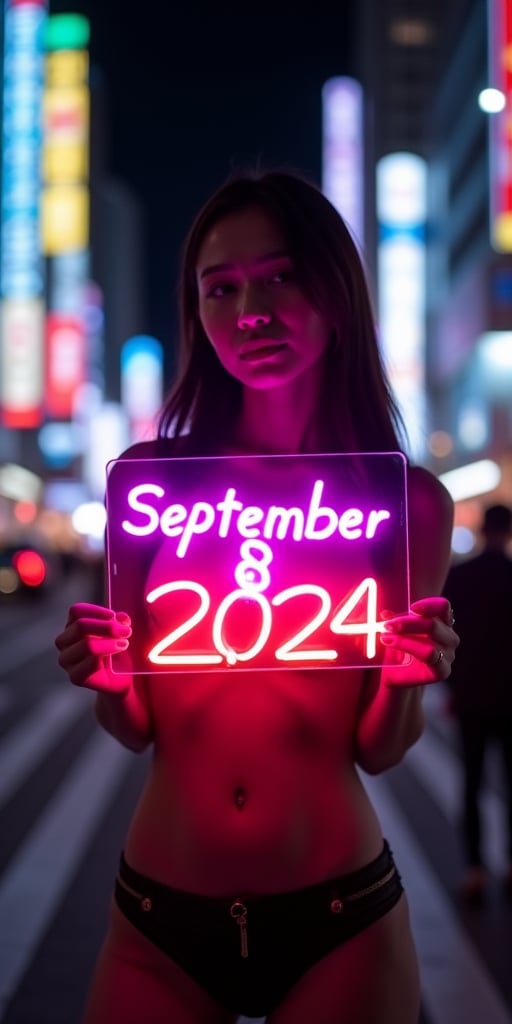 A vibrant image of a woman holding a neon sign that reads "September 8, 2024" in flashing rainbow-colored neon lights.    The scene is set during a busy night in Tokyo, with the logo casting a bright, contrasting light.    The woman struck a sexy pose, her silhouette clearly visible against the glowing logo.    The composition focuses on the interplay of light and shadow against a busy backdrop, highlighting the electric glow of neon lights against the night backdrop.hirose 