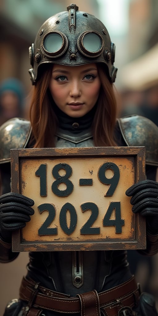 1girl, gloves, solo_focus, blurry, blurry_background, armor, artist_name, realistic, steampunk, blue_eyes, helmet, upper_body,she held a large framed sign with "18-9-2024" written in bold letters
kyj,sydn9y,tyl 