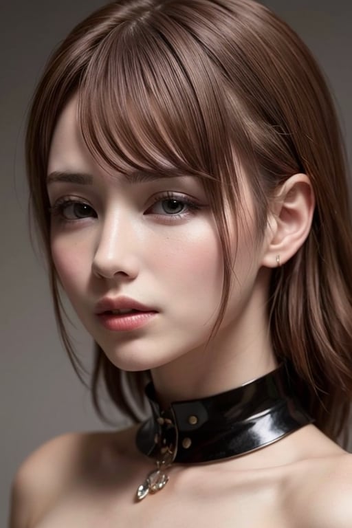 1girl solo brown hair closed mouth grey background collar lips realistic ,beauty,yui,masterpiece,best quality,hirose,Realism