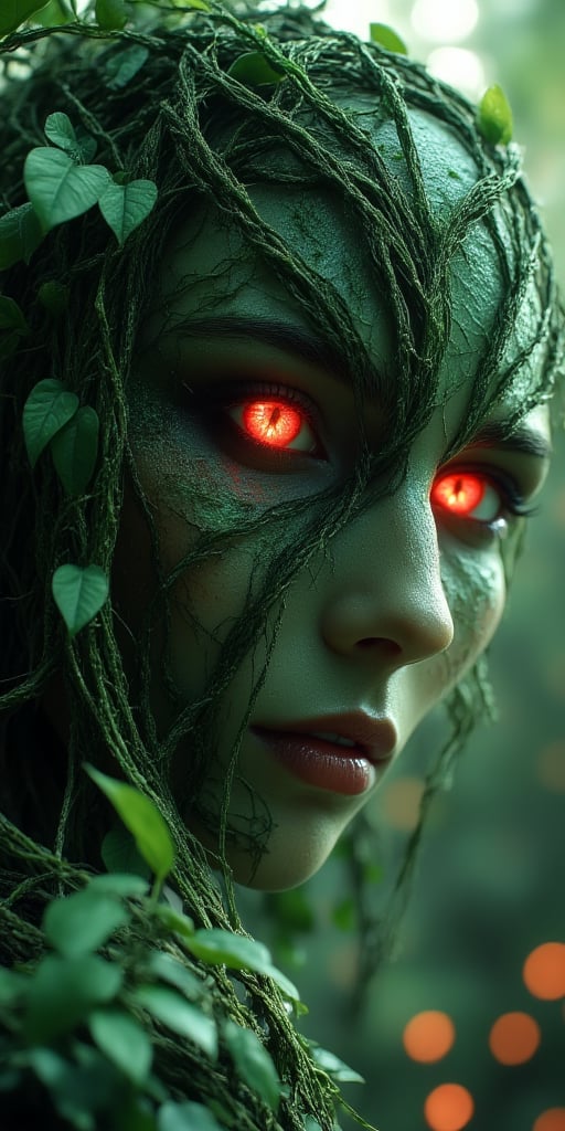 A woman's face and body with glowing red eyes and green vines growing on her skin, in the forest, fantasy art style, hyper realistic, cinematic, close up, pov from the side. hkevil,julia