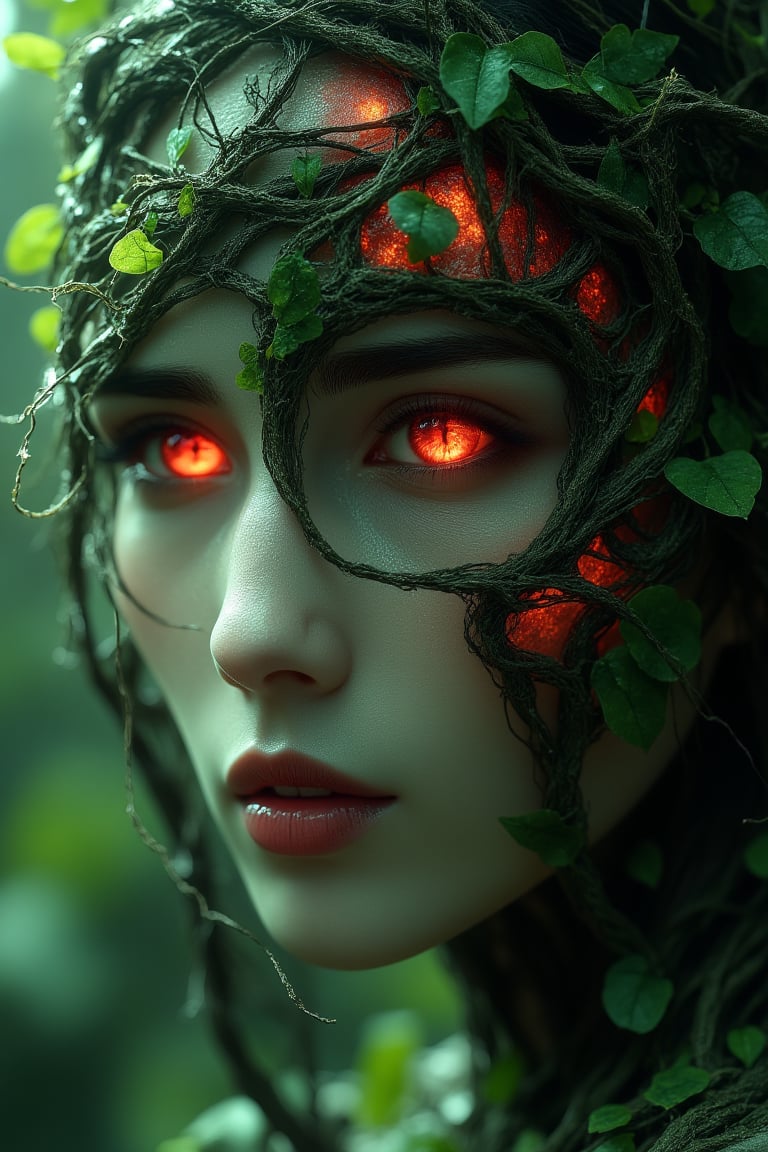 A woman's face with glowing red eyes and green vines growing on her skin, in the forest, fantasy art style, hyper realistic, cinematic, close up, pov from the side. hkevil,julia