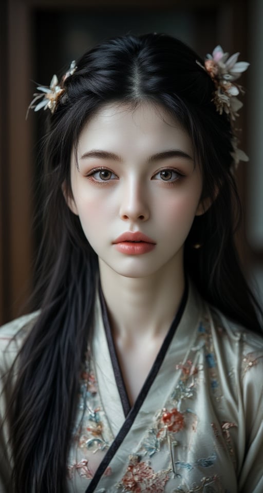 Captured in a perfect, extremely realistic lighting setup, a stunning young Chinese girl gazes directly at the viewer with her piercing brown eyes. Her long black hair cascades down her back, adorned with a delicate hair ornament and secured by a matching hair stick. Her upper body is dressed in traditional Chinese attire, complete with intricate details and patterns. Her lips are pressed together in a subtle, closed-mouth expression, inviting the viewer into her intimate gaze. The overall atmosphere is one of serenity and tranquility, as if time has frozen around this captivating solo portrait.

Extremely Realistic,kyj,hirose,perfect light,nami,tyl,Frozen,Enhanced all,yue,Midjourney_Whisper