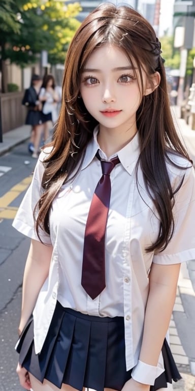 (table top, highest quality:1.2), 8K, 18-year-old, 85mm, official art, Raw photo, absurd, white dress shirt, cute face, close, Upper body, violaces, gardenia, beautiful girl, , cardigan、 (navy pleated skirt:1.1), Cinch West, thighs thighs thighs, short sleeve, hair above one eye、in the street, looking at the viewer, no makeup, (smile:0.6), film grain, chromatic aberration, sharp focus, face light, clear lighting, teen, detailed face, background bokeh, (dark red tie:1.1)、huge breasts,acjc,perfect light,rei