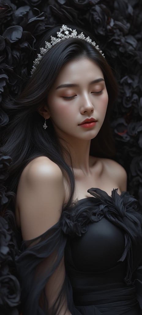 8K,(A high resolution)(Best Quality),Photorealsitic,(hightquality),(high-detail),(master piece),
A serene and majestic masterpiece: a girl with long gradient black hair, wearing a stunning royal dress, slumbers peacefully, her eyes closed, amidst a sea of black roses. The ambient light casts a warm glow, accentuating the delicate details of her facial features, including her defined eyebrows and eyelashes. Her tiara, studded with gems, sparkles softly, complementing the rose petals scattered around her. The focus is on her whole body, showcasing her perfect skin, hourglass figure, and high contrast stockings. In this cinematic shot, she exudes elegance, her casual posture and expression radiating a sense of relaxation, as if she's drifted off to sleep amidst a dreamlike atmosphere.,hirose,Enhanced all,abg 