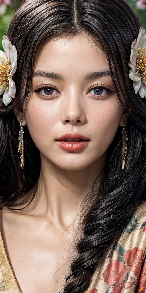 Imagine a beautiful hybrid face concubine with long black hair,walking near a blossoming cherrytree wearing an intricate floral kimono, work of beauty and complexity, hyperdetailed face, flowercore, awe-inspiring fantasy, 8k UHD, amber glow elements , alberto seveso style ,arcane style,sydn9y,kyj