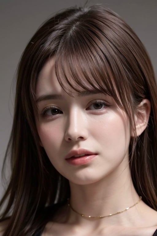 1girl solo brown hair closed mouth grey background collar lips realistic ,beauty,yui,masterpiece,best quality,hirose