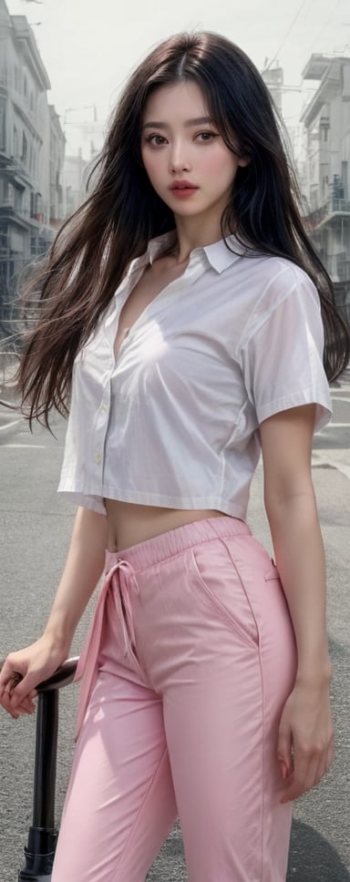 1girl
solo
long hair
looking at viewer
black hair
white shirt
pants
lips
realistic
pink pants
realistic
 super model, cinematic shot in the style of denis villeneuve, (looking at viewer), masterpiece,kyj