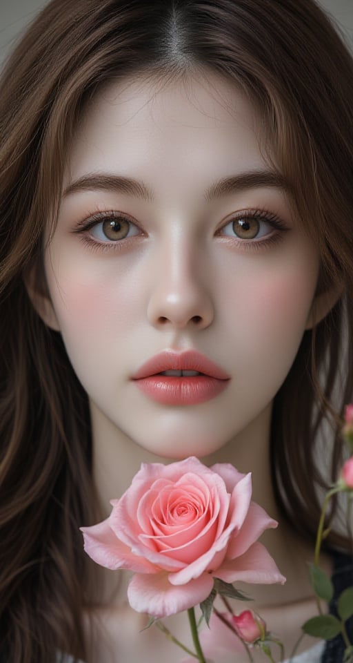 masterpiece, best quality, ultra-high-detailed, 
1girl
solo
long hair
looking at viewer
smile
brown hair
brown eyes
flower
parted lips
lips
rose
pink flower
realistic
pink rose,tyl,Enhanced all,Midjourney_Whisper,yue