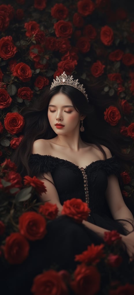 8K,(A high resolution)(Best Quality),Photorealsitic,(hightquality),(high-detail),(master piece),
A serene and majestic masterpiece: a girl with long gradient black hair, wearing a stunning royal dress, slumbers peacefully, her eyes closed, amidst a sea of black roses. The ambient light casts a warm glow, accentuating the delicate details of her facial features, including her defined eyebrows and eyelashes. Her tiara, studded with gems, sparkles softly, complementing the rose petals scattered around her. The focus is on her whole body, showcasing her perfect skin, hourglass figure, and high contrast stockings. In this cinematic shot, she exudes elegance, her casual posture and expression radiating a sense of relaxation, as if she's drifted off to sleep amidst a dreamlike atmosphere.,hirose,Enhanced all,abg 