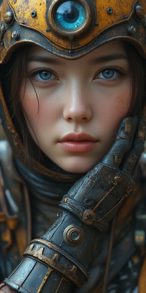 1girl, gloves, solo_focus, blurry, blurry_background, armor, artist_name, realistic, steampunk, blue_eyes, helmet, upper_body,sydn9y,yui