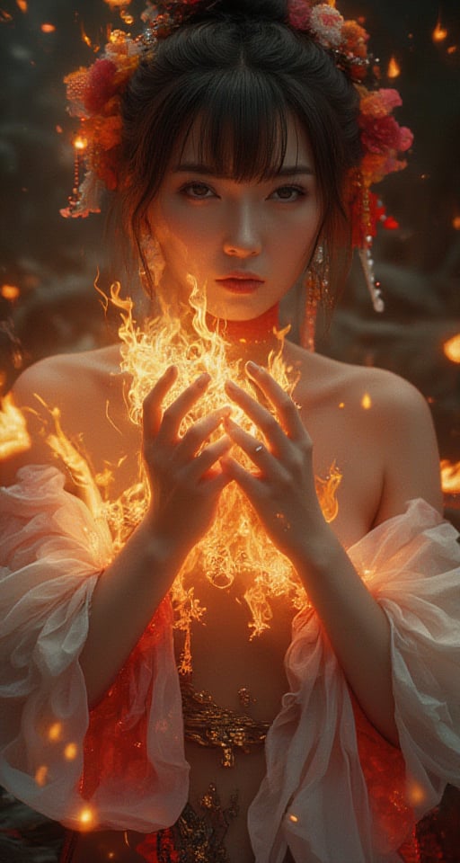 Extremely detailed characters.  In the film's close-up, the ancient Oriental beauty stands confidently, her porcelain complexion bathed in a warm golden light that highlights her soft bangs and brown hair.  Her eyes sparkled like sapphires, her hands were wrapped around the flames, thigh straps and knee-length stockings peeking out from under her flowing pleated skirt.  Her dangling earrings sparkled, her crimson high-heeled boots seemed to exude an inner fire, and the subtle glow highlighted the delicate sheen on her nails.  Midjourney style,yui