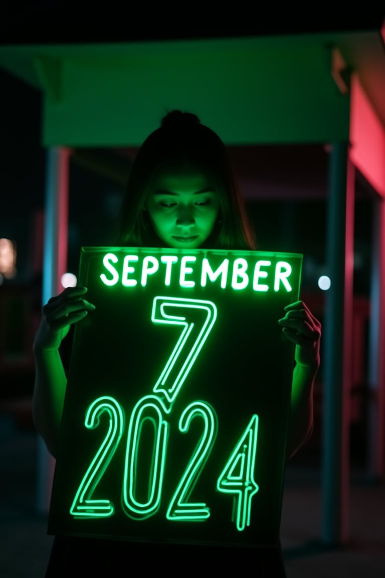 A vibrant image of a woman holding a neon sign that reads "September 7, 2024" in glowing lime green neon.  The scene is set in a dark playground, with the sign casting a bright, contrasting light.  The woman strikes a confident pose, her silhouette clearly visible against the illuminated logo.  The composition focuses on the interplay of light and shadow, highlighting the electric glow of neon lights against the night backdrop.,hirose