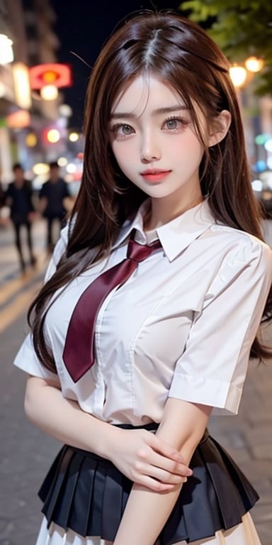 (table top, highest quality:1.2), 8K, 18-year-old, 85mm, official art, Raw photo, absurd, white dress shirt, cute face, close, Upper body, violaces, gardenia, beautiful girl,solo  , cardigan、 (navy pleated skirt:1.1), Cinch West, thighs thighs thighs, short sleeve, hair above one eye、in the street, looking at the viewer, no makeup, (smile:0.6), film grain, chromatic aberration, sharp focus, face light, clear lighting, teen, detailed face, background bokeh, (dark red tie:1.1)、huge breasts,acjc,perfect light,rei