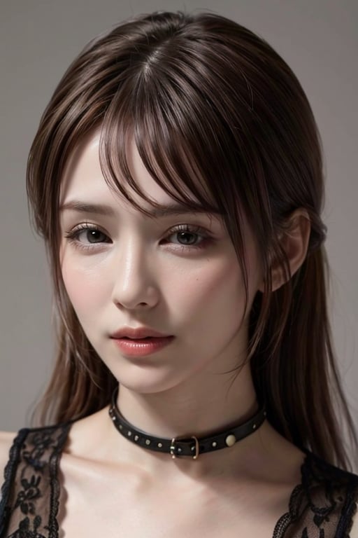 1girl solo brown hair closed mouth grey background collar lips realistic ,beauty,yui,masterpiece,best quality,hirose,Realism