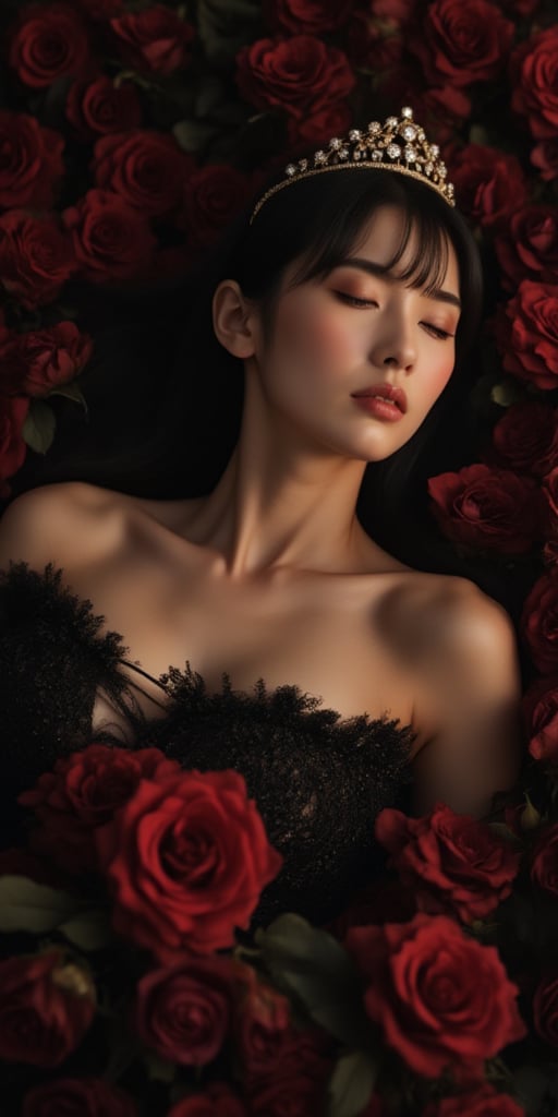 8K,(A high resolution)(Best Quality),Photorealsitic,(hightquality),(high-detail),(master piece),
A serene and majestic masterpiece: a girl with long gradient black hair, wearing a stunning royal dress, slumbers peacefully, her eyes closed, amidst a sea of black roses. The ambient light casts a warm glow, accentuating the delicate details of her facial features, including her defined eyebrows and eyelashes. Her tiara, studded with gems, sparkles softly, complementing the rose petals scattered around her. The focus is on her whole body, showcasing her perfect skin, hourglass figure, and high contrast stockings. In this cinematic shot, she exudes elegance, her casual posture and expression radiating a sense of relaxation, as if she's drifted off to sleep amidst a dreamlike atmosphere.,hirose,Enhanced all,yui