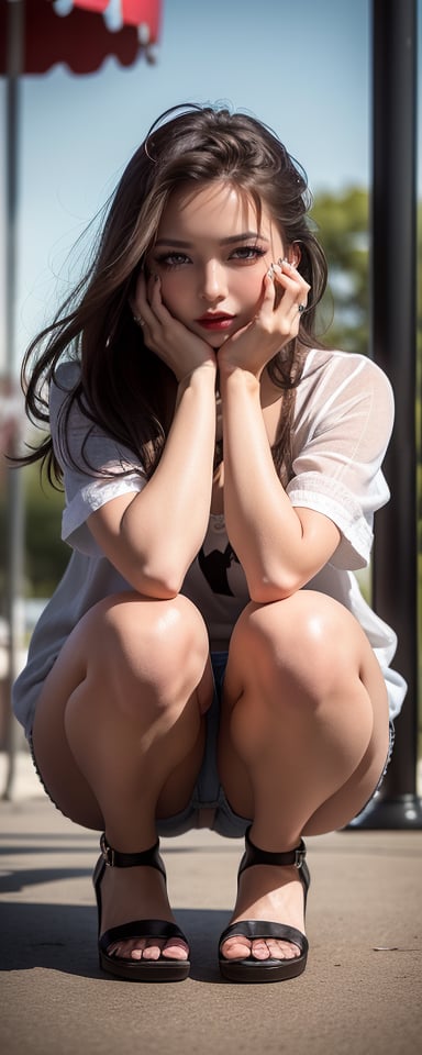 A 23-year-old girl from Europe was in a very sad situation, squatting next to the ferris wheel at the playground and crying 
(((she was very emotional, "crying"))) because her lover died.  Makeup smeared, hair messy, sobbing (long brown hair), green eyes, moist lips, light freckles, looking at viewer, professional front view of a woman ((full body portrait photo)) extending towards the viewer, detailed, clearly focused, dramatic, documentary, cinematic lighting, volumetric dtx, (film grain), background, composite), foreground shot, depth of field, studio, athleticism), full body,tyl 