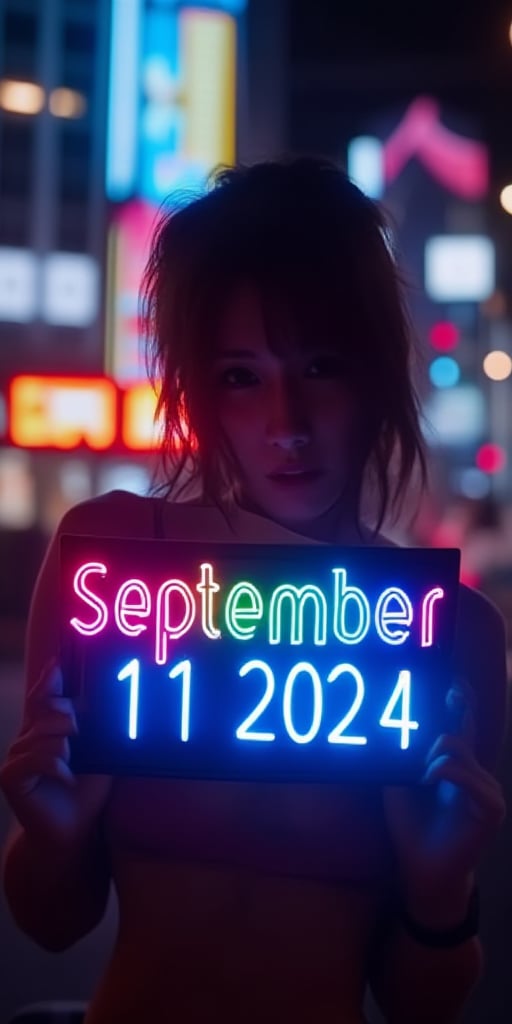 A vibrant image of a woman holding a neon sign that reads "September 11, 2024" in flashing rainbow-colored neon lights.    The scene is set during a busy night in Tokyo, with the logo casting a bright, contrasting light.    The woman struck a sexy pose, her silhouette clearly visible against the glowing logo.    The composition focuses on the interplay of light and shadow against a busy backdrop, highlighting the electric glow of neon lights against the night backdrop.hirose,kmary,julia