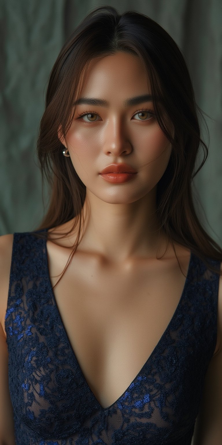 A stunning 30-year-old woman with perfect dark brown hair and eyes, flawless face, and a mature figure. She wears a tight, narrow patterned mini dark blue dress that accentuates her voluptuous curves. Her bright Korean wet skin glistens in the soft light, showcasing exquisite facial features and detailed expressions. The background is blurred, focusing attention on her captivating beauty. In this super high-resolution RAW photo (8k), every detail is meticulously rendered, from the texture of her hair to the folds of her dress.,kbg,kmary,hirose,kll