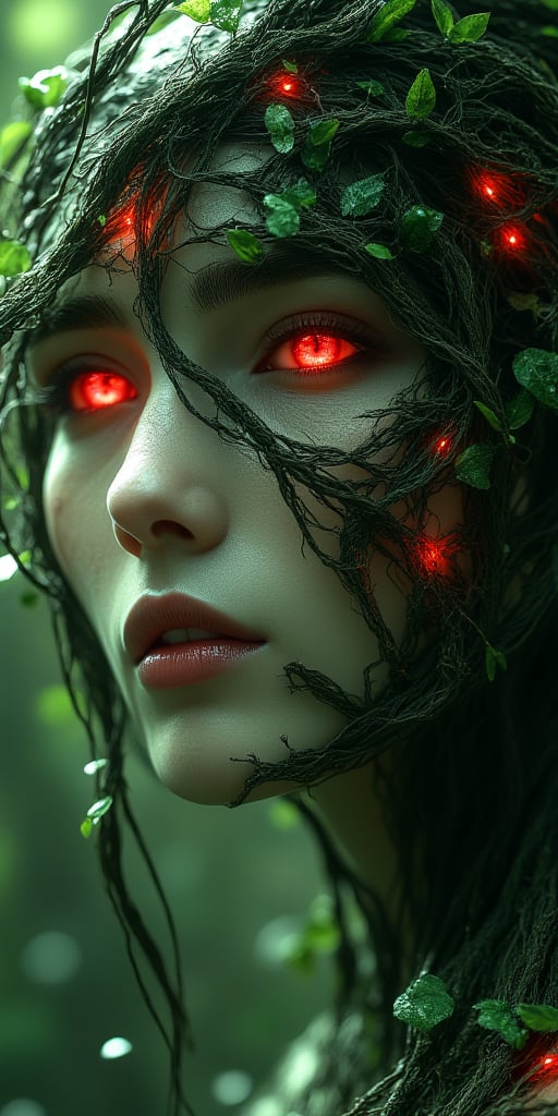 A woman's face with glowing red eyes and green vines growing on her skin, in the forest, fantasy art style, hyper realistic, cinematic, close up, pov from the side. hkevil,julia