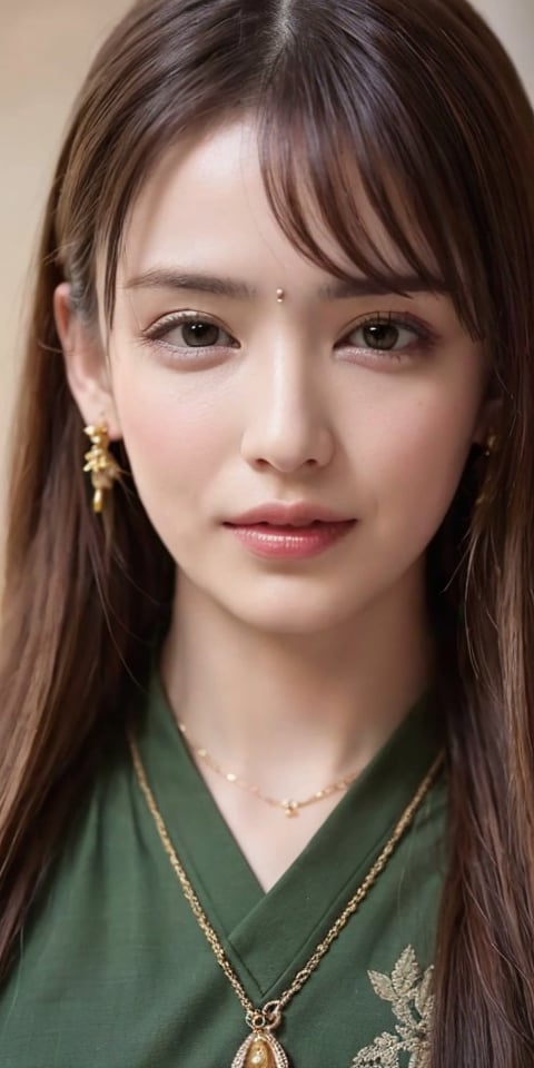 A close-up portrait of a beautiful Japan woman with a serene expression. She has deep brown eyes that reflect warmth and wisdom. Her long, dark hair is adorned with delicate jasmine flowers, falling in loose waves around her face. She is wearing a traditional silk saree in a rich maroon color with intricate golden embroidery. Her jewelry includes a pair of delicate gold jhumka earrings and a small bindi on her forehead. The background is softly blurred, with hints of vibrant green foliage, giving a natural and harmonious feel to the image. The lighting is soft and natural, highlighting her flawless skin and the intricate details of her attire.,nami,hirose