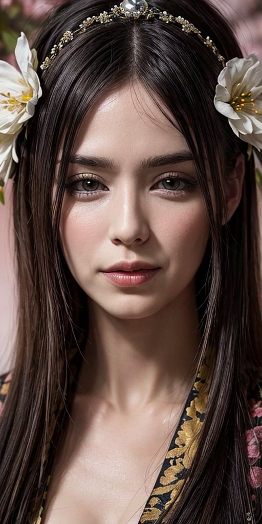 Imagine a beautiful hybrid face concubine with long black hair,walking near a blossoming cherrytree wearing an intricate floral kimono, work of beauty and complexity, hyperdetailed face, flowercore, awe-inspiring fantasy, 8k UHD, amber glow elements , alberto seveso style ,arcane style,sydn9y,hirose