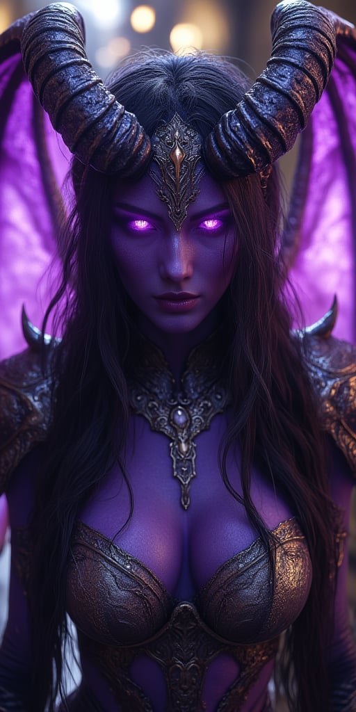 Cinematic full body shot of a beautiful female demon, purple skin, black long hair, purple horns, glowing eyes, big demon wings on her back, wearing shiny armor, hkevil, mythp0rt, amazing quality,julia