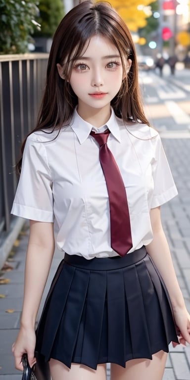 (table top, highest quality:1.2), 8K, 18-year-old, 85mm, official art, Raw photo, absurd, white dress shirt, cute face, close, Upper body, violaces, gardenia, beautiful girl,solo  , cardigan、 (navy pleated skirt:1.1), Cinch West, thighs thighs thighs, short sleeve, hair above one eye、in the street, looking at the viewer, no makeup, (smile:0.6), film grain, chromatic aberration, sharp focus, face light, clear lighting, teen, detailed face, background bokeh, (dark red tie:1.1)、cowboy shot,huge breasts,acjc,perfect light,rei