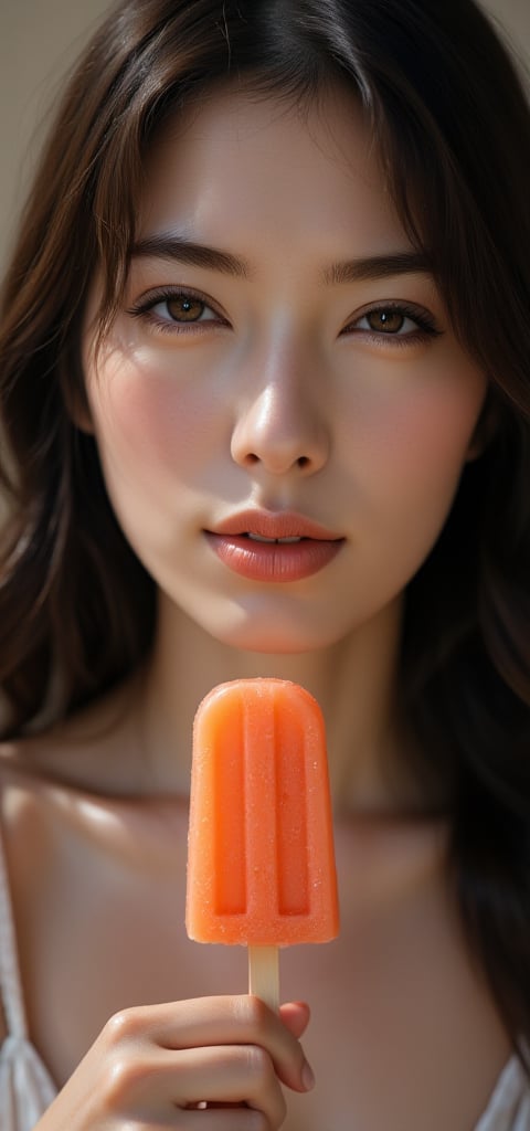 A stunning 1girl selfie! A solo subject with long, luscious black hair and warm brown eyes, one eye subtly closed in a relaxed grin. Her lips curve upwards in a mouth hold, showcasing the gentle smile. Her tan skin glows with subtle freckles and tanlines, accentuating her radiant complexion. In the foreground, a juicy popsicle teeters on the edge of her hand, as if about to be taken for a sweet treat. The framing is tight, capturing her essence in a realistic, up-close shot that invites the viewer in.yui 