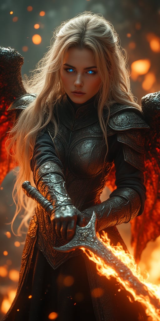 a cinematic photograph of an angel warrior with blonde hair and blue glowing eyes wearing dark armor wielding a flaming sword, black and red wings on back, photorealistic, photography lighting, extremely detailed, shot on Sony A7R V with Leica lens, fire background. HKStyle, hkevil,julia,mino