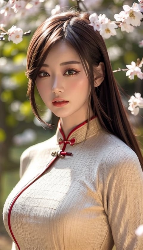 (Masterpiece, Top Quality, Best Quality, Official Art, Beauty and Aesthetics: 1.2), hdr, high contrast, wide shot, 1girl, long black straight hair, bangs, looking at viewer, relaxed expression, noticeable brown eyes, Long faded eyebrows, soft makeup, gradient lips, big breasts, hourglass figure, delicate fingers, BREAK wearing a semi-nude cheongsam, walking in the forest, (Spring theme: 1.5), windy, spring forest background detailed, by KZY, BREAK frost, Ambient lighting, extremely detailed, cinematic footage, realistic illustrations, (Soothing Tone: 1.3), (Ultra Detailed: 1.2) #cky