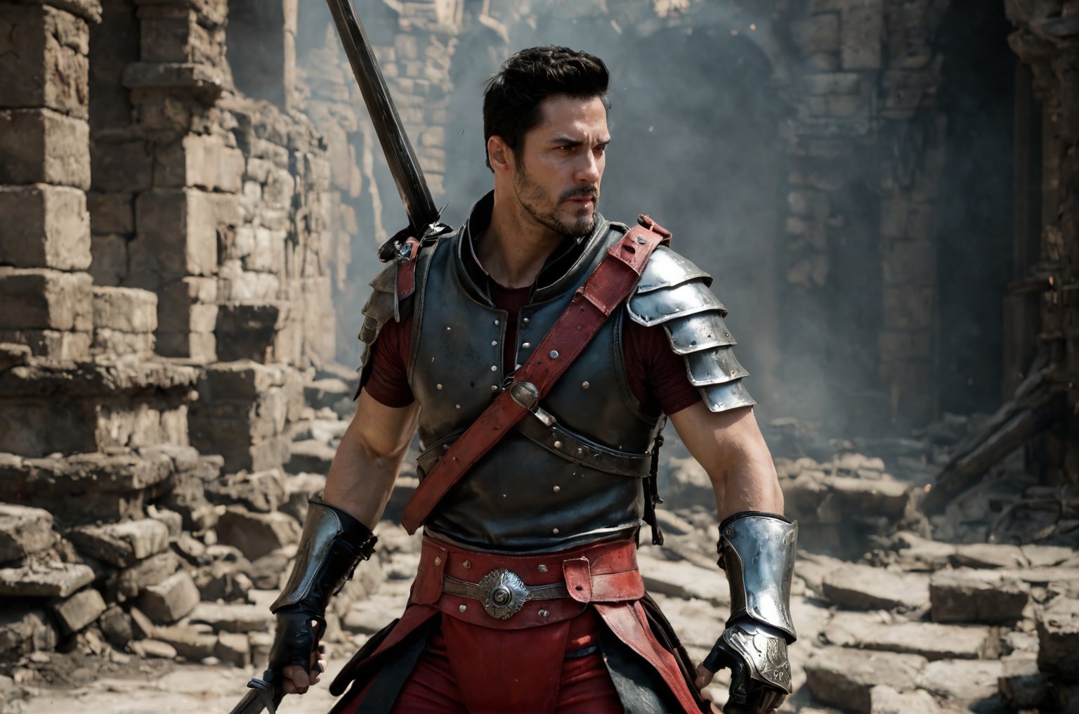 bdo_warrior, scene from movie, 1man, upper body, left side view, slashing sword, spark trail, black and red energy, black and red smoke, short black hair, facial hair, red eyes, Trailblazer outfit, brown armor, belt over chest, metal gauntlet and leather glove, background of ruins, sophisticated details, sharp focus, masterpiece, perfect anatomy, perfect face, detailed face, handsome face, perfect hands, best quality, 8k,  big bulge