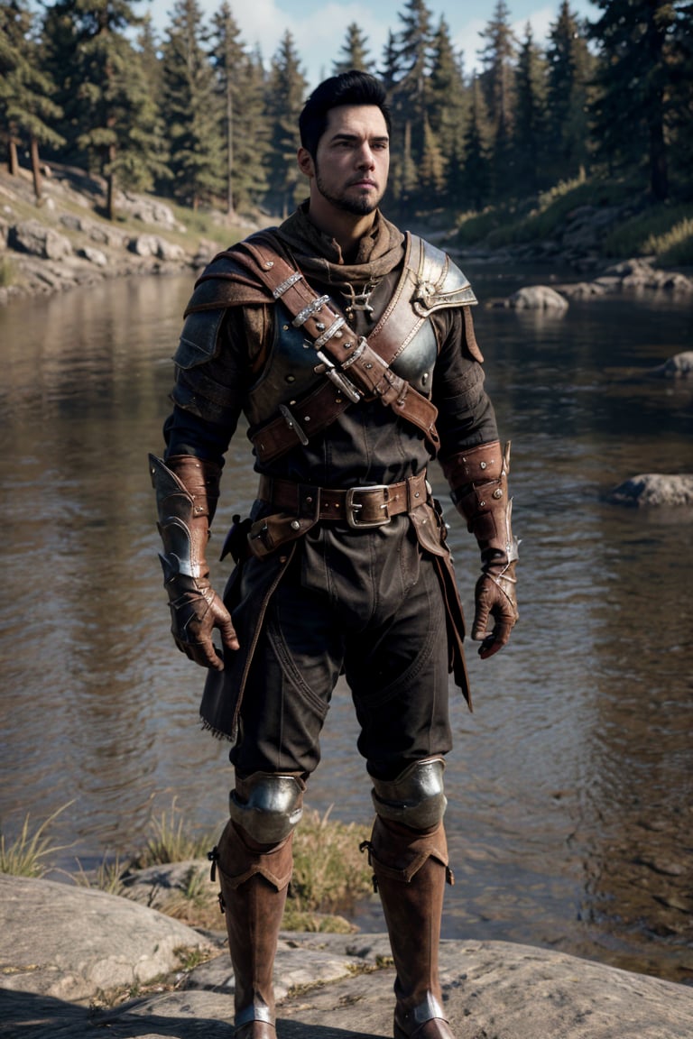 bdo_warrior, realistic image, 1man, full body, looking at viewer, short black hair, facial hair, leather armor, pauldrons, leather gloves, leather boots, next to a river, forest, masterpiece, perfect anatomy, perfect hands, perfect face, detailed face, handsome face, 8k, best quality, detailed image, photographic image, big bulge