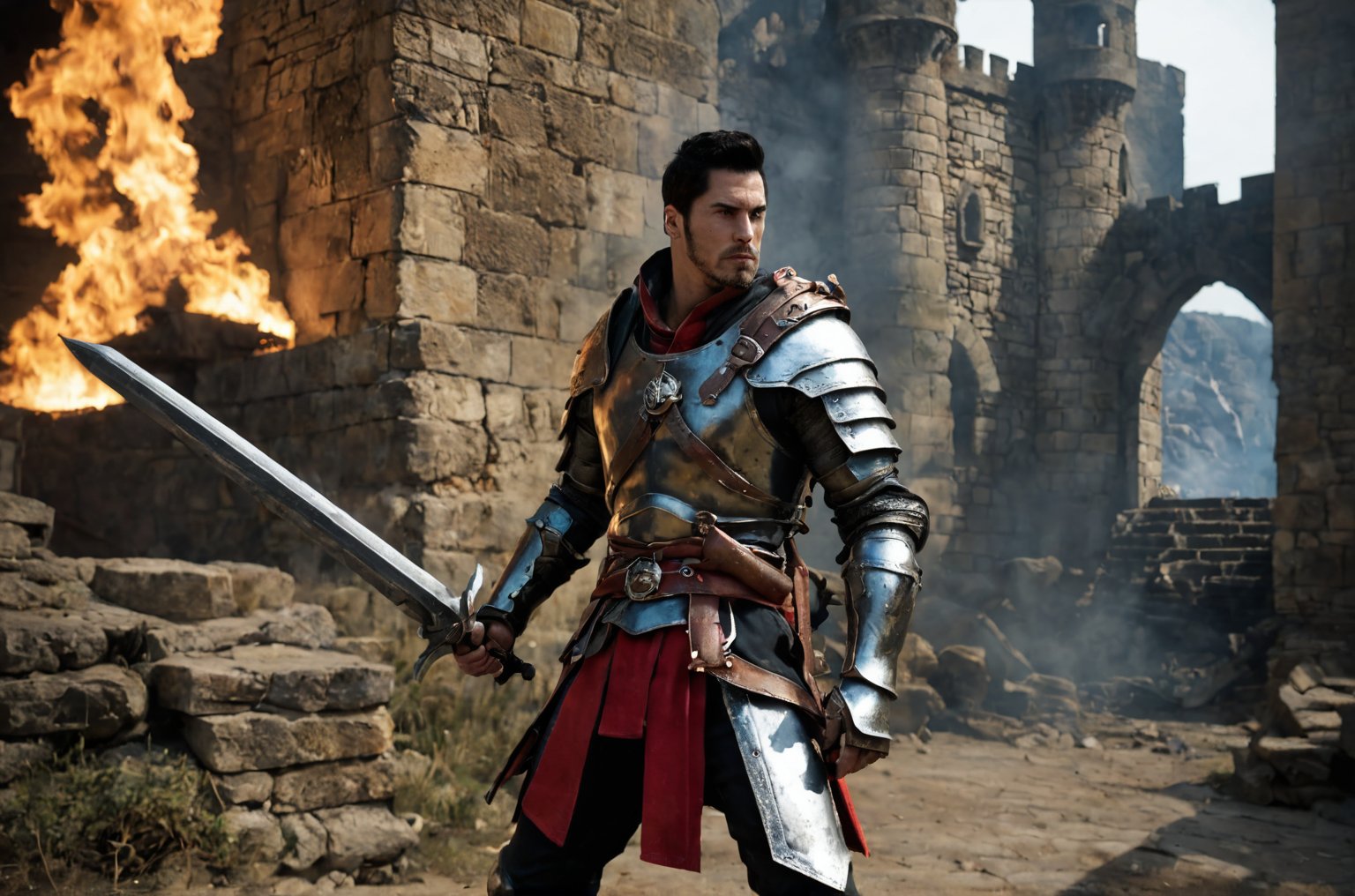 bdo_warrior, scene from movie, 1man, back view, holding greatsword, slashing greatsword, spark trail, short black hair, facial hair, red eyes, Trailblazer outfit, brown armor, belt over chest, metal gauntlet and leather glove, background of castle ruins, fire and smoke, sophisticated details, sharp focus, masterpiece, perfect anatomy, perfect face, detailed face, handsome face, perfect hands, best quality, 8k