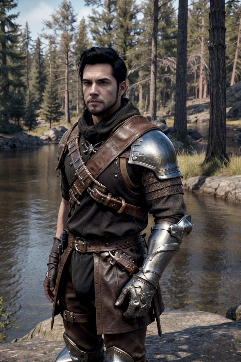 bdo_warrior, realistic image, 1man, full body, looking at viewer, short black hair, facial hair, leather armor, pauldrons, leather gloves, leather boots, next to a river, forest, masterpiece, perfect anatomy, perfect hands, perfect face, detailed face, handsome face, 8k, best quality, detailed image, photographic image, big bulge